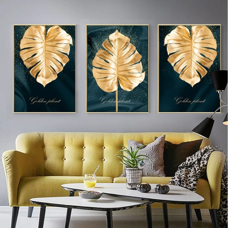 

Nordic style decorative painting Simple modern INS living room painting restaurant Golden leaves murals Hotel Abstract plant