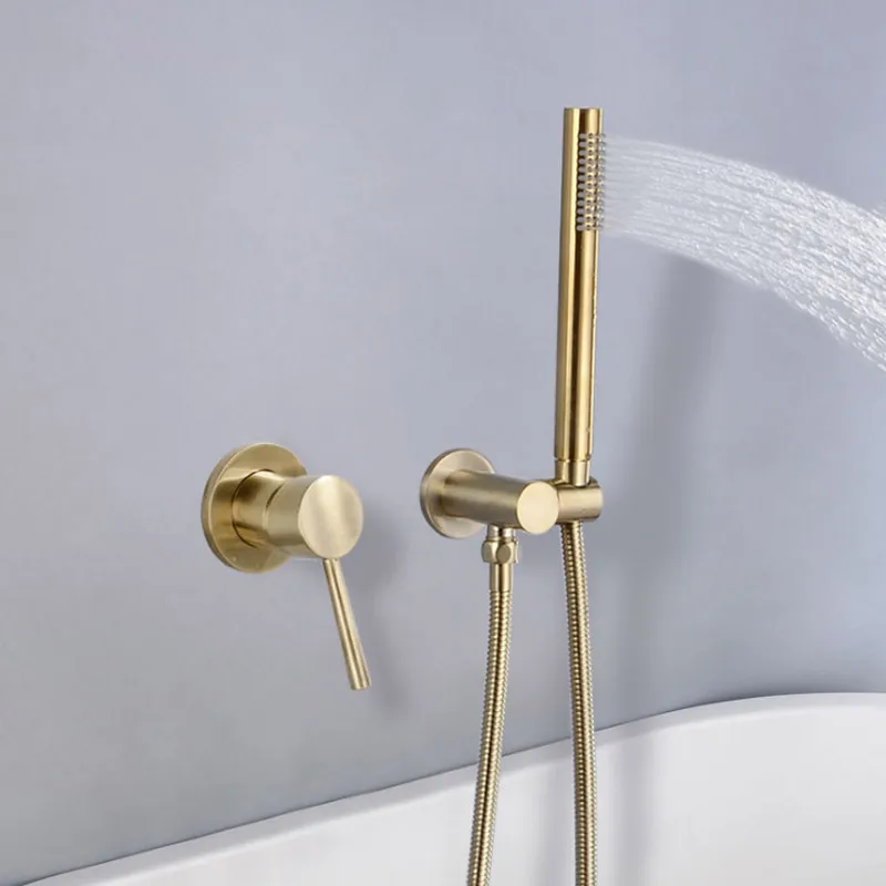 

Simple wall-mounted shower spraying and wire drawing gold fashion simple flat wall embedded cold and hot water faucet shower