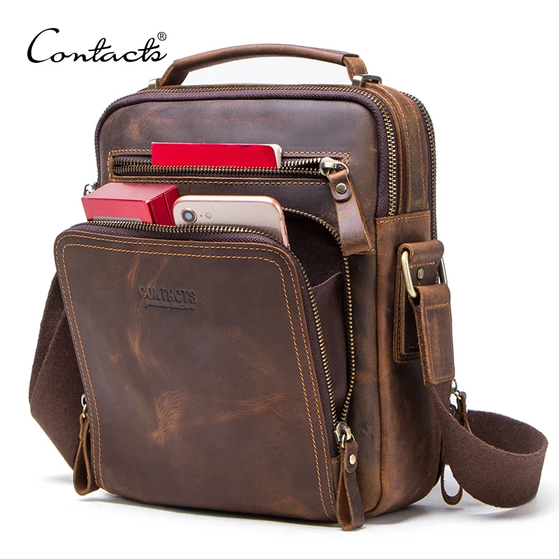 CONTACT'S مجنون الحصان الجلود الرجال حقيبة كتف خمر حقيبة ساع الرجال حقائب الذكور crossbody أكياس رجل حقيبة يد حقيبة رافعة