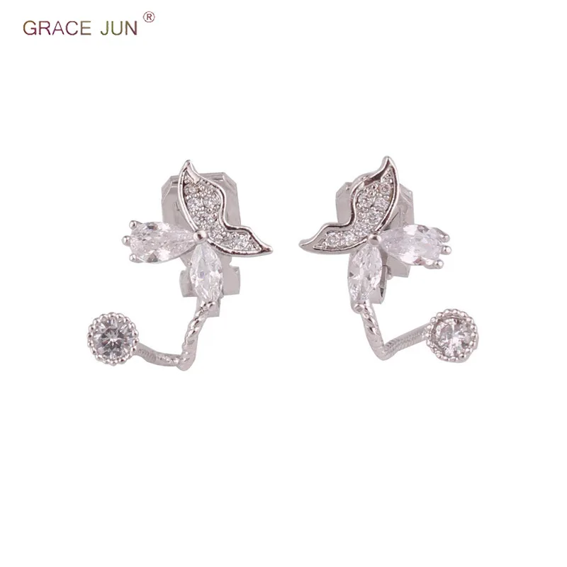 

GRACE JUN High-grade CZ Butterlfy Shape Clip Earrings Non Pierced for Women Fashion Bridal Wedding Needn't Ear Hole Earrings New