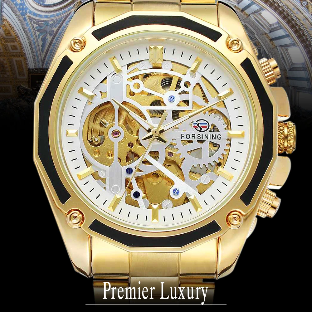 

Forsining Steampunk Mechanical Movement Golden Stainless Steel Transparent Movement Men Watches Automatic Watch