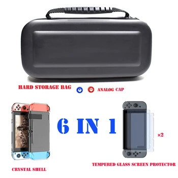 

6 in 1 Kit Carrying Bag Storage Box Hard Case for Nintend Switch Console NS&Glass Screen Protector&Crystal Shell&2 Analog Caps