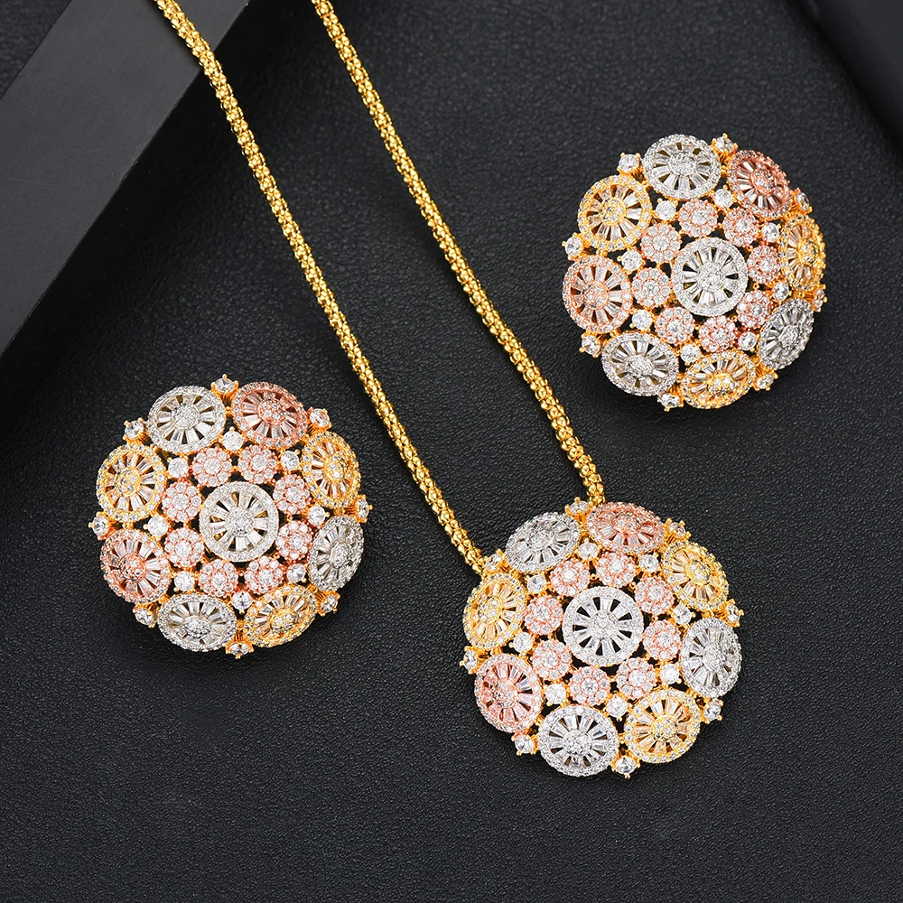 SISCATHY Fashion Long Chain Cubic Zirconia Flower Pendant Necklace Stud Earrings Jewelry Set Bridal Wedding Party Gifts | Украшения и