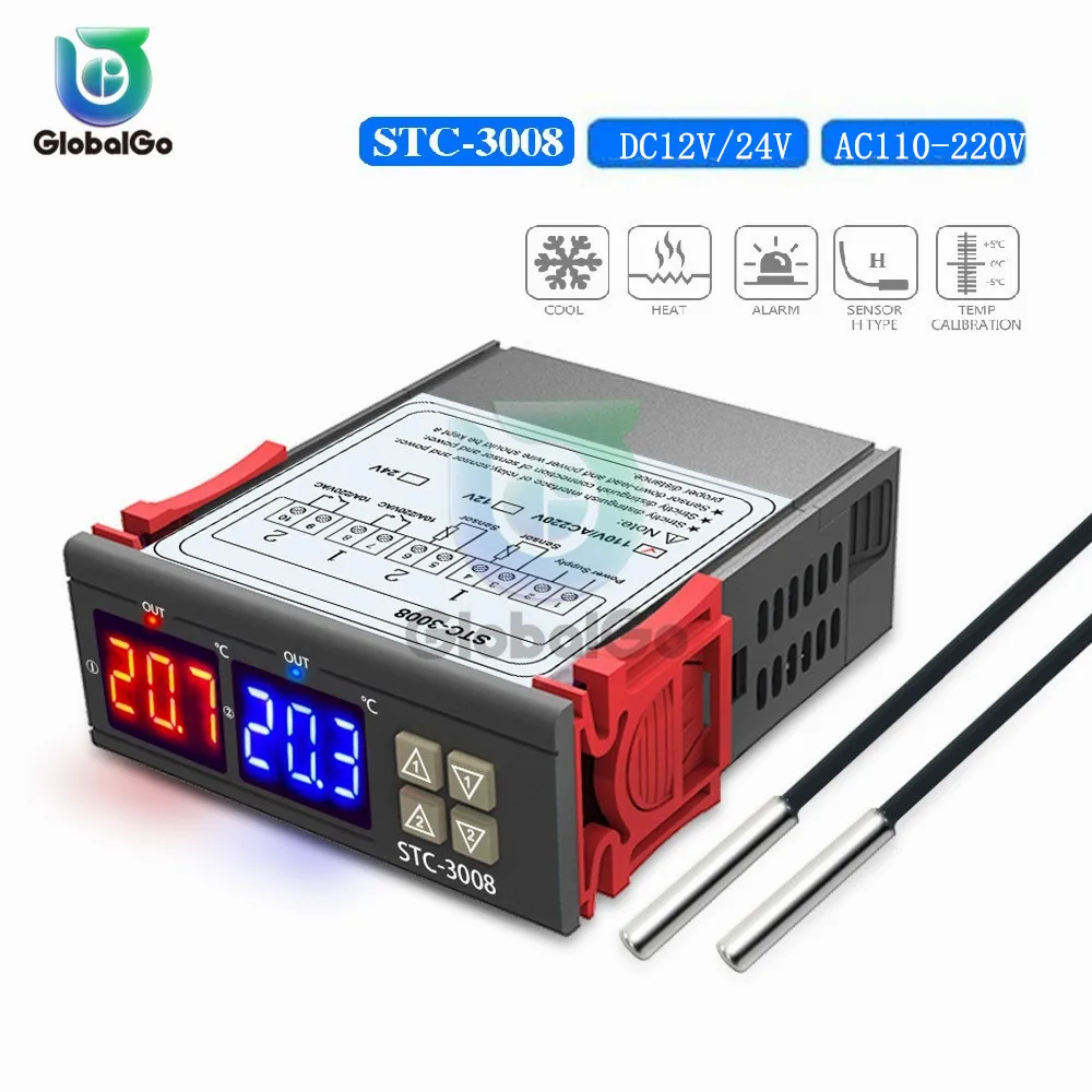 

STC-3008 LED Dual Digital Display Temperature Controller 12V 24V 110-220V Thermostat For Incubator Relay