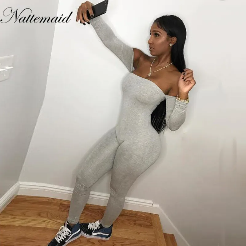 

NATTEMAID Sexy Off Shoulder Jumpsuits Women Long Sleeve stretchy solid Rompers Jumpsuit Female Elastic women Overalls