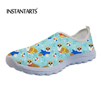 

INSTANTARTS Women Air Mesh Sneakers Breathable Light Summer Spring Slip-on Flat Shoes Cute Cartoon Corgi Dog Printing Sneakers