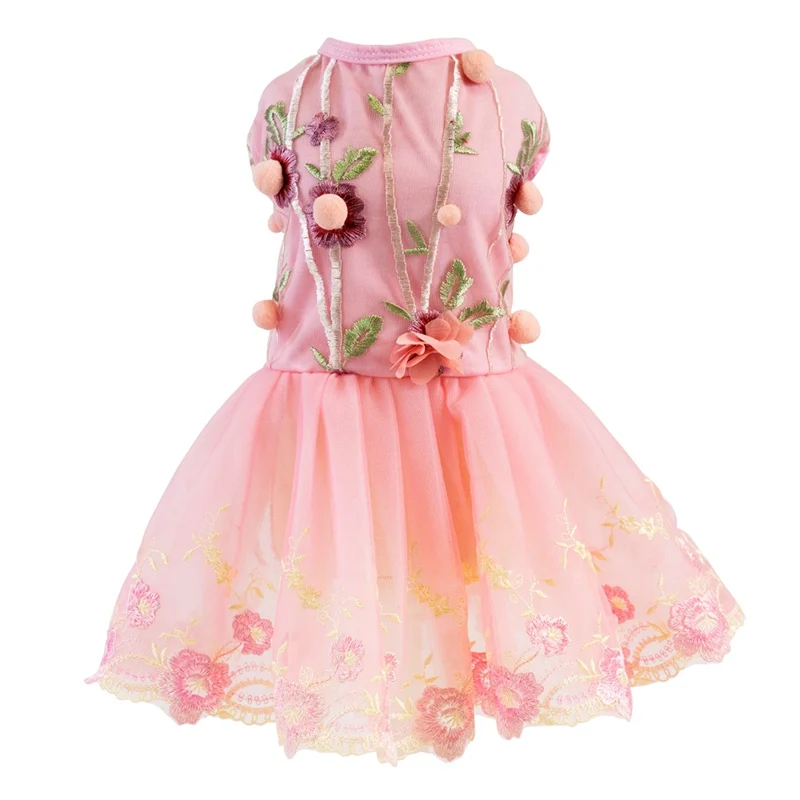 

Pet Spring Summer Embroidered Green Leaves Skirt with Plush Balls Small and Medium Dogs Clothes Pet Dog Tutu Dress