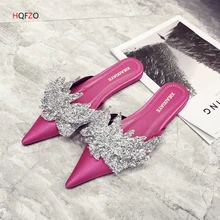HQFZO Fashion Bling Slippers Women Mules Slip On Flat Sandals Black Ladies Shoes Pointed Toe Chanclas Flip Flops Zapatos moxxy summer retro leather slippers women printing mules loafers slip on flat sandals black ladies shoes woman zapatos m