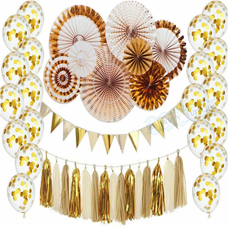 

1Set Glitter Gold Happy Birthday Bunting Banner Tissue Paper Tassel Garland Foil Gold Fans Birthday New Year Decor Party Event