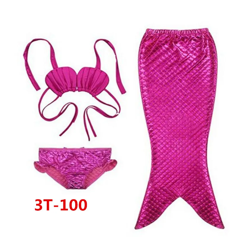 Детский купальный костюм с хвостом русалки для девочек, 3 предмета раздельный купальник, костюм для плавания, бикини, купальный костюм, одежда От 3 до 12 лет - Цвет: Rose red 100