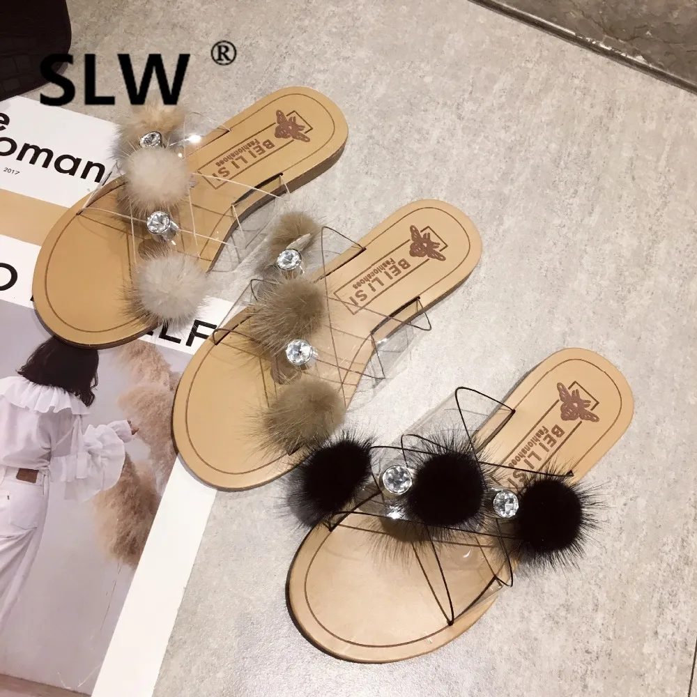 

Woman Shoes Luxury Slides Cross-tied Transparent Slippers Pokemon Plush Jelly Flip Flops Designer Sliders Fur Crystal 2019 Flat