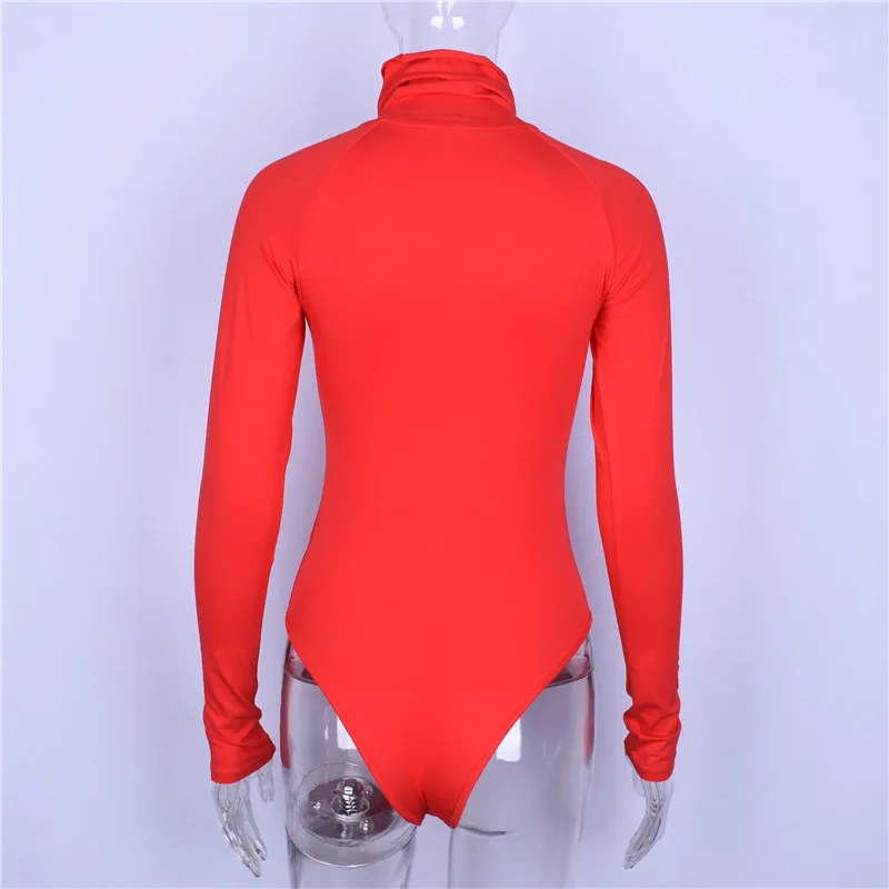 Cotton Long Sleeve High Neck Bodycon Sexy Bodysuit Red Solid Female