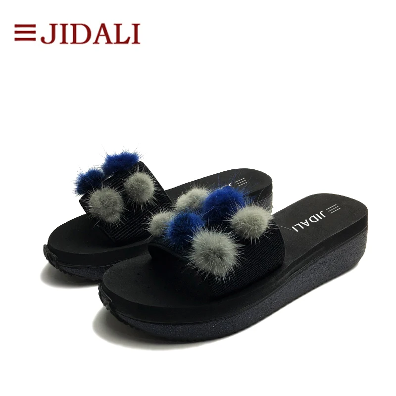 Chaussures À L'extérieur Haute forme Sport Mode Black 35 Poilu Jidali Coins 40 Sandales Bling Flip Taille Boules Noir D'été Eva Femmes Flop Plate 0p4qP