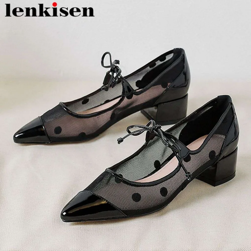 

2019 elegant lady sun protection mesh polka dot cow leather low heels bowtie lace up oxford pointed toe Mary Janes pumps L08