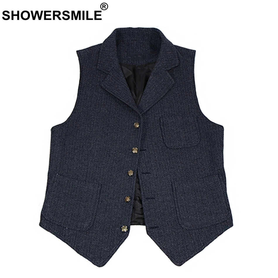 

SHOWERSMILE Mens Tweed Vest Autumn Man Herringbone Wool Vest Formal Dress Waistcoat Suit Male Gilet Thick Sleeveless Jacket