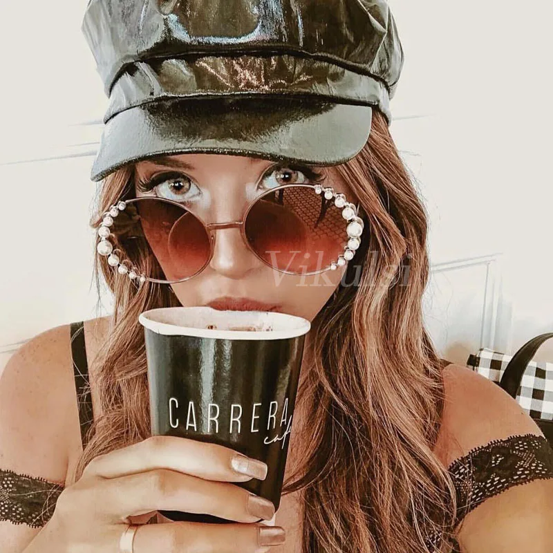 

2018 Luxury Beads Round Sunglasses Women Fashion Alloy Frame Brand Pearls Designer Sun Glasses For Female Brown Shades UV400 New