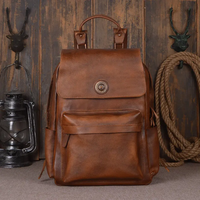 

Nesitu Vintage Large Brown Grey-blue Thick Genuine Leather 14'' 15.6'' Laptop Women Men Backpack Female Male Travel Bags M9031