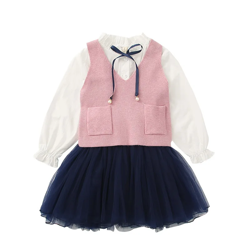 

Birthday Dress for Girls School Uniform Long Sleeve Princess Wedding Party Dresses Ball Gown+Vest Sweater Kids Clothing 2-6T