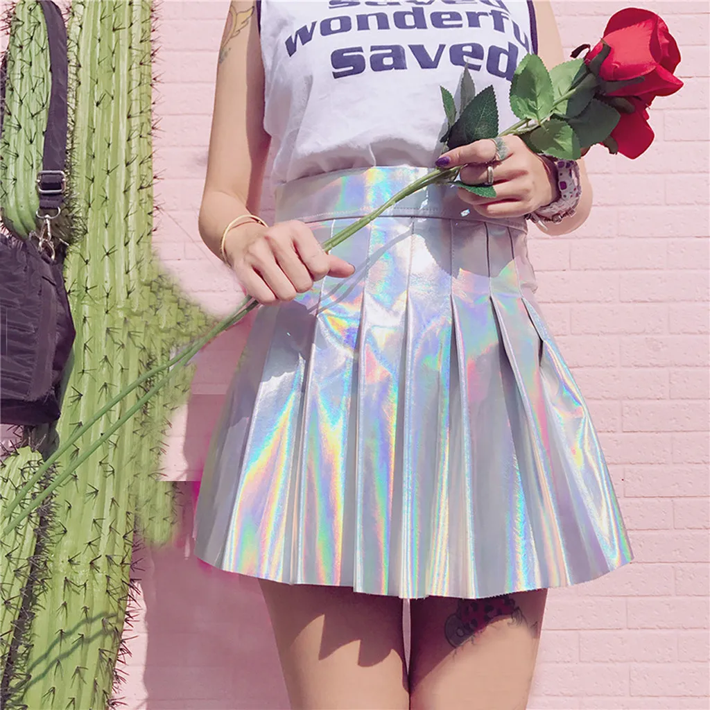

Faldas Explosion Edition Women's Glossy Short Skirt Solid Holographic Pleated Skirt Sexy High Waist Mini Skirt юбка женская 40*