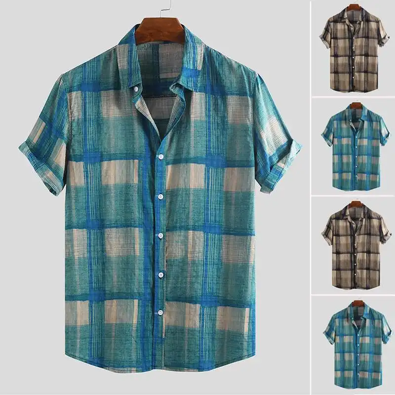 

2019 Fashion Retro Beach Mens Shirt Breathable Short Sleeve Lapel Neck Button Plaid Streetwear Brand Shirts Men Camisa Masculina