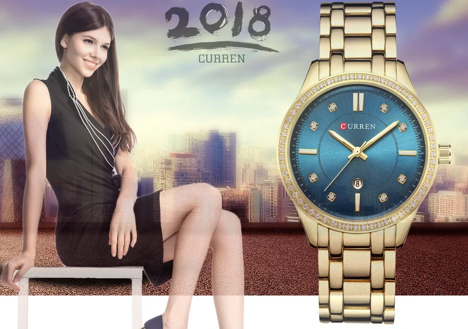 CURREN женские часы лучший бренд класса люкс синий циферблат сталь золотые часы женские часы браслет женские кварцевые часы Relogio Feminino
