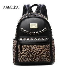 

Fashion Small Black Rivet Studded Backpack PU Leather Leopard Shoulder Bag Backpacks Preppy Style Rucksack for Women Lady girls