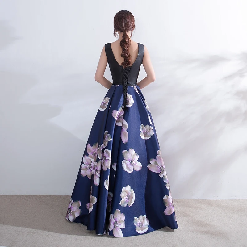 Suosikki evening dress long V Neck Floral Formal Dresses backless formal prom occasion dresses satin Robe De Soiree Party Gowns