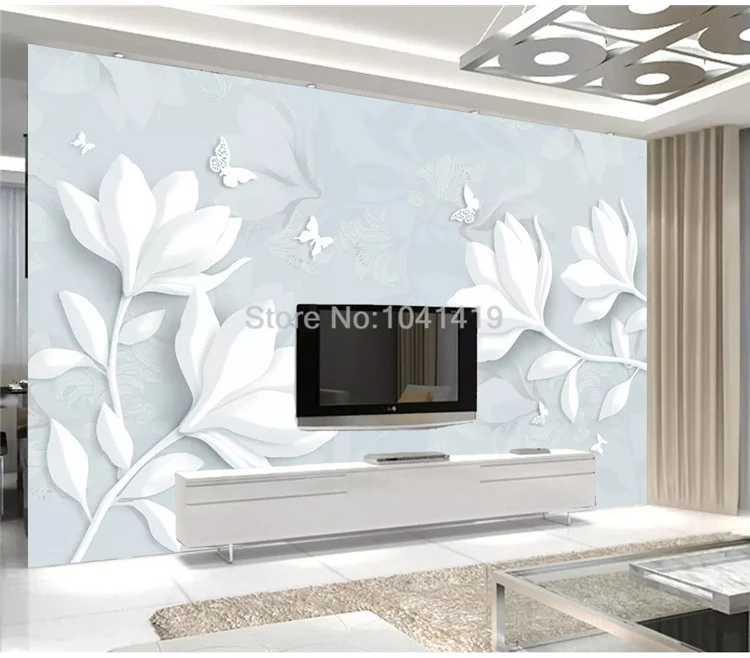 На заказ любой размер настенная бумага современный простой белый рельеф Магнолия бабочка фото обои Гостиная Спальня 3D домашний декор