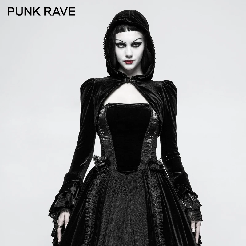 

PUNK RAVE Gothic Bolero Velvet Shrug Black Woman Little Jacket Thick Short Coat with Hat Novelty Design Hoodie for Winter