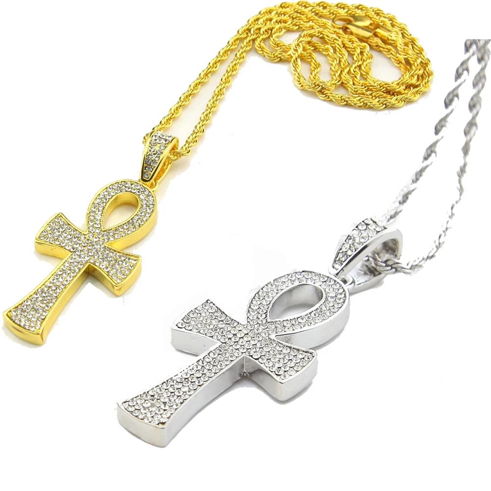Gold Silver Plated Crystal CZ Iced Out Ankh Cross Pendant Necklace