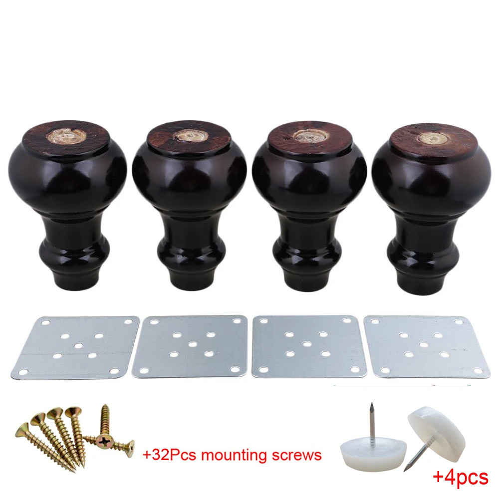 

4pcs Wooden Furniture Legs Feet 120x60x35mm Gourd-shaped Black Eucalyptus Wood Sofa Bed Cupboard with Iron Sheet & felt pad