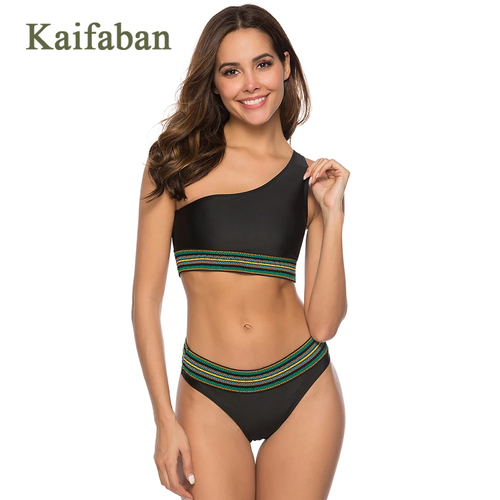 

Women One Shoulder Bikini Set Stripe Patchwork Push Up Low Waist Swimsuit Swimwear Bath Wear Swim Suit Biquini Plavky Tankini