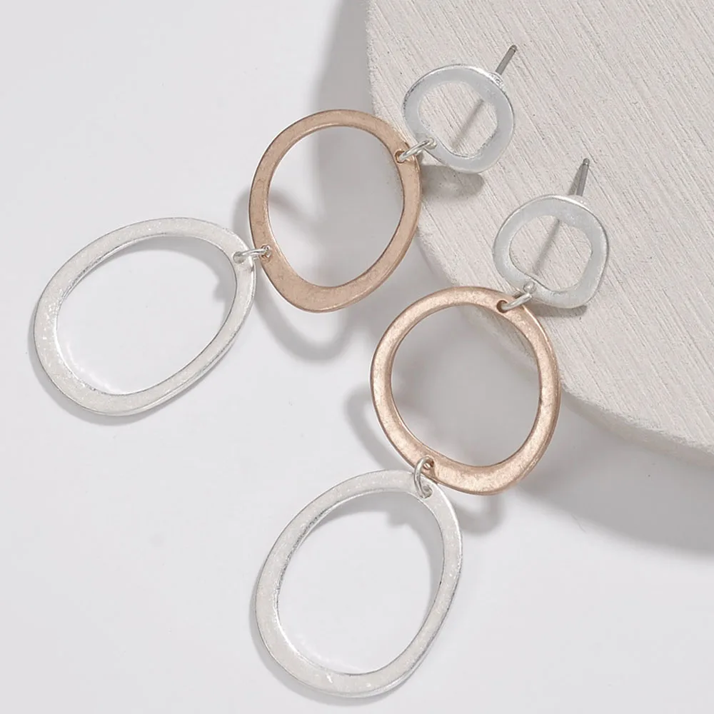 المرأة الأوروبية مجوهرات من الذهب الفضة اثنين من لهجة اللون 3 المعادن دائرة أقراط طويلة انخفاض الأقراط