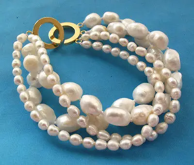 

Free Shipping >> new hot 4 Strands White Rice&Baroque Freshwater Pearl Bracelet 14K GP