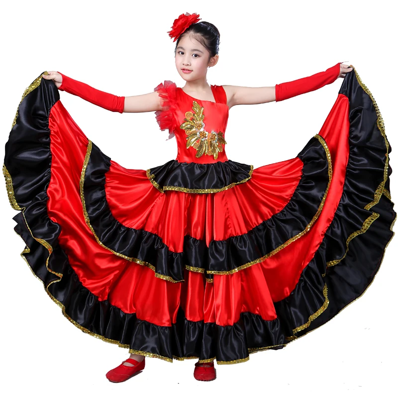 Испанский костюм для девочек, Длинное Красное фламенко платье бальная юбка для девочек, детские танцевальные платья, костюмы для детей, одежда
