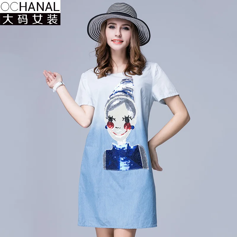 Buy Cheap Summer Kawaii Dresses New Large Size Women Kawaii Dress For Fat Cotton Denim Cloth Color Gradient Dress Plus Size Women Clothing