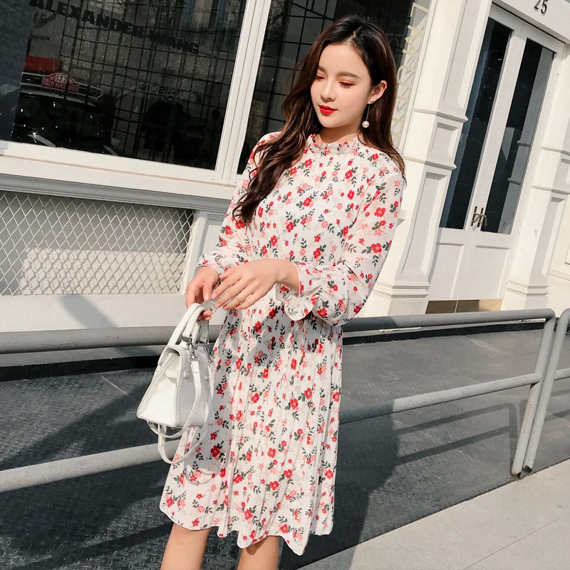 

New Fashion women Spring summer Ruffled-Neck Full-sleeve Floral print casual lady elegance sweet Sashes pleated Chiffon dress