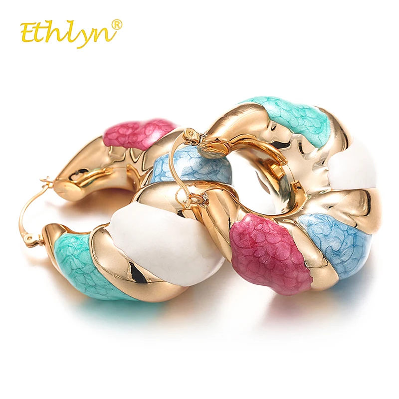 

Ethlyn 2018 New Trendy Women Hoop Earrings Big Hit Color Dripping Oil Spiral Round Earring Ethnic Earrings for Wedding Party Hot