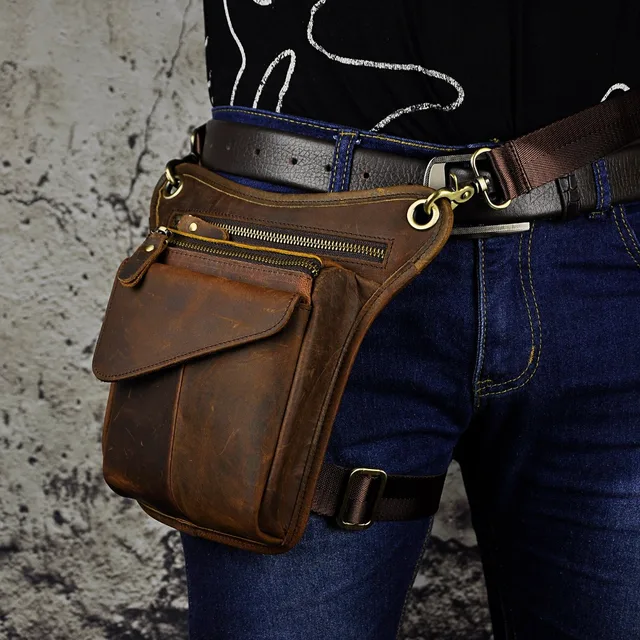 Oil Wax Real Leather Men Design Classic Cross-body Sling Bag Fashion Travel Motorcycle Fanny Waist Belt Pack Drop Leg Bag 211-3 3