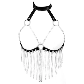 

Metal Tassel Leather Harness Cage Bra Body Bondage Adjust Lingerie Goth Punk Sexy Tops Halloween Dance Festival Rave Wear