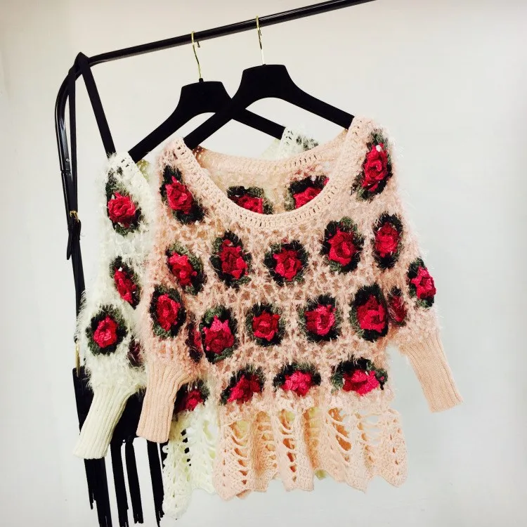 Handmade Crochet Sweaters Women Vintage Ethnic Mohair Style Hollow Out Rose Floral Batwing Sleeve Pullover White