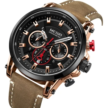 

Fashion Brand Megir Men's Watch Chronograph Quartz Watches Man Leather Strap Clock Sport Army Date Wristwatch Relogios Masculino