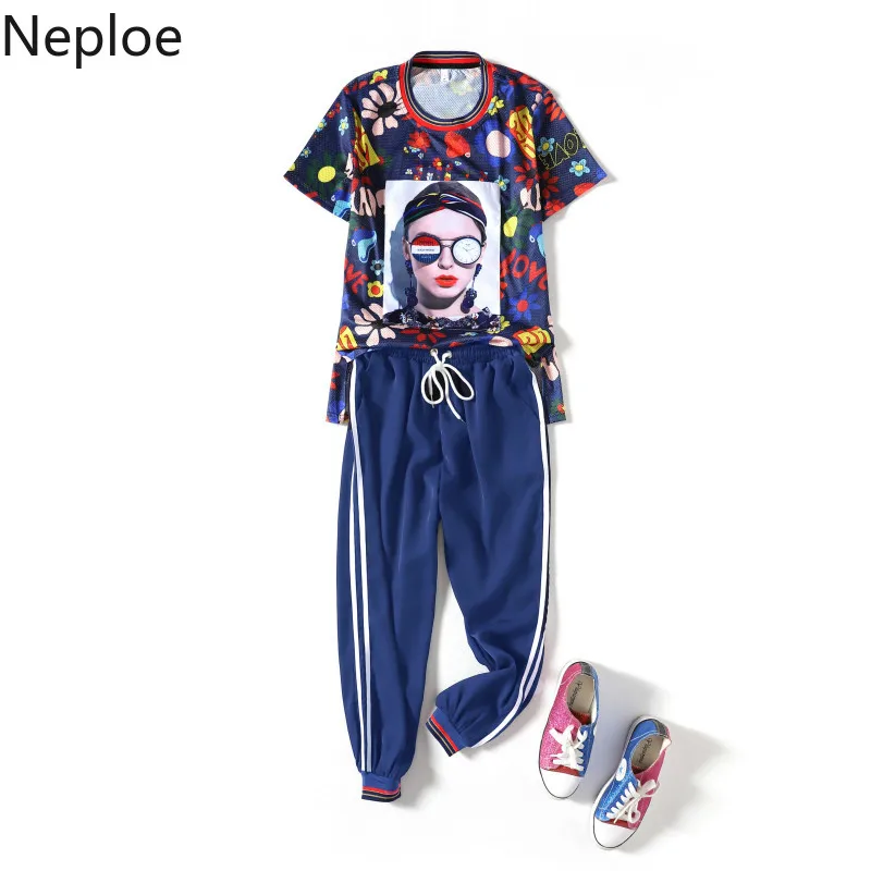 

Neploe 2 Piece Sets Tracksuit Women Fashion Print Short Sleeve Tops Elastic Waist Ankle-Length Pants Plus Size 4XL Outfits 39176