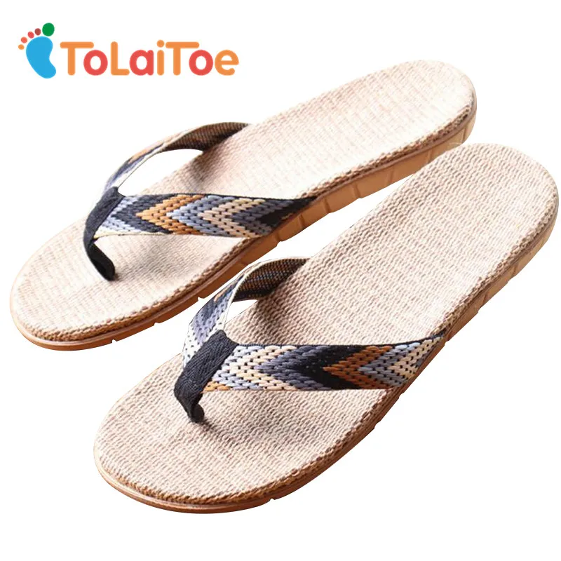 

ToLaiToe Men's Home Floor Slipper New Linen Summer Cool Non-slip Slippers Silent Sweat Men/Women Flower Beach Sandals Flip Flops