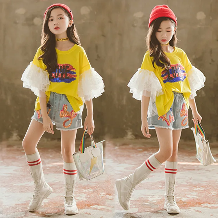 

Letter Print Yellow Violet Lace Sleeve T-shirt+Short Blue Jeans Perspective Gauze Shade On Back Little Girl Summer Suits