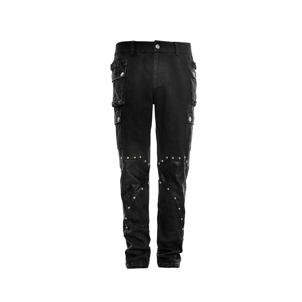 

Punk Men Patchwork Straight Pants with Pocket Gothic Military Rivet Long Cotton Trousers
