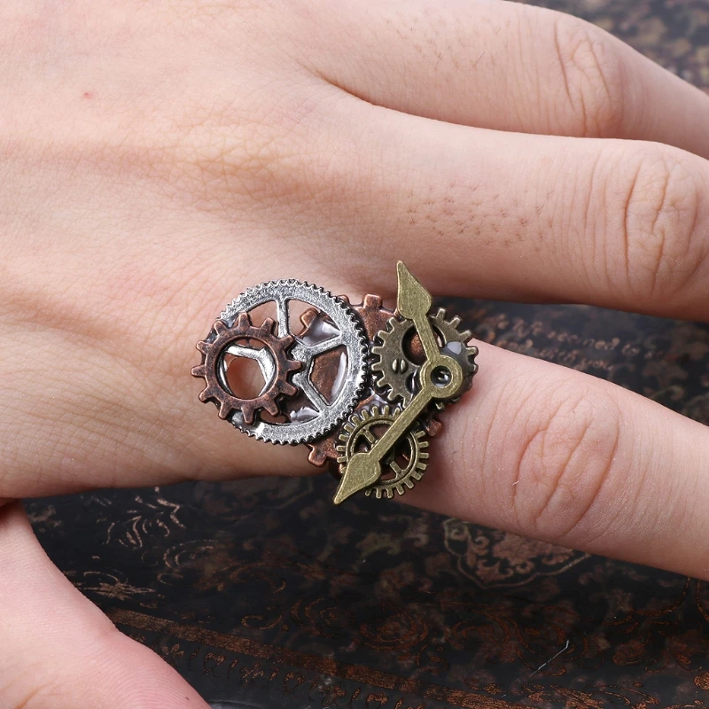 

Gear Components and Clock Pointer Steampunk Ring Alloy Metal Open Ring Accessory Handmade Punk Style Unisex Jewelry