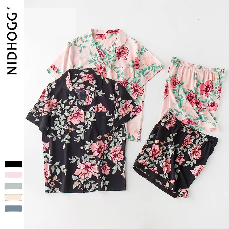 

Summer Loose Casual Thin Lapel Short Sleeve Satin Pajamas Flower Pattern Printing Shorts Sleepwear Sexy Loungewear Home 2 Piece
