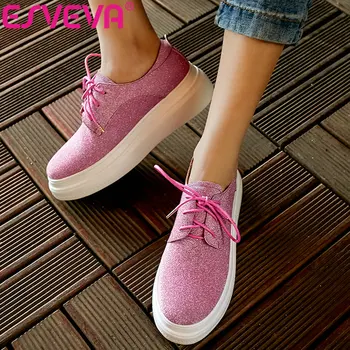 

ESVEVA 2019 Women Shoes Wedges Heel Platform Cow Leather+pu All Match Lace Up Casual Spring Fashion Women Pumps Size 34-40