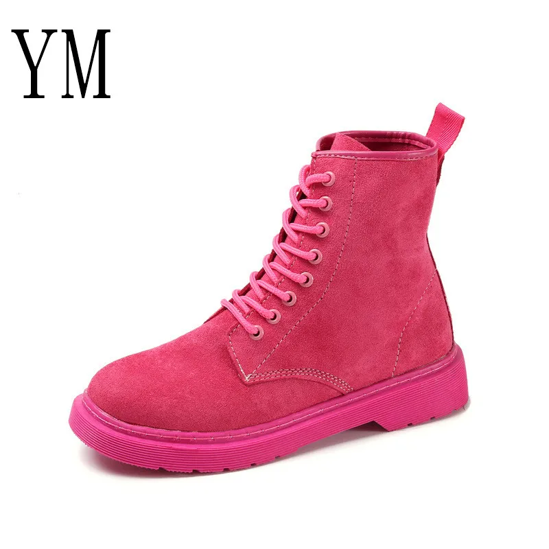 

018 Autumn Rose Red Nubuck Female Ankle Boots Women Low Heel Shoes Plus Size40 Casual Lace-up Martin boots Short oncise Footwear